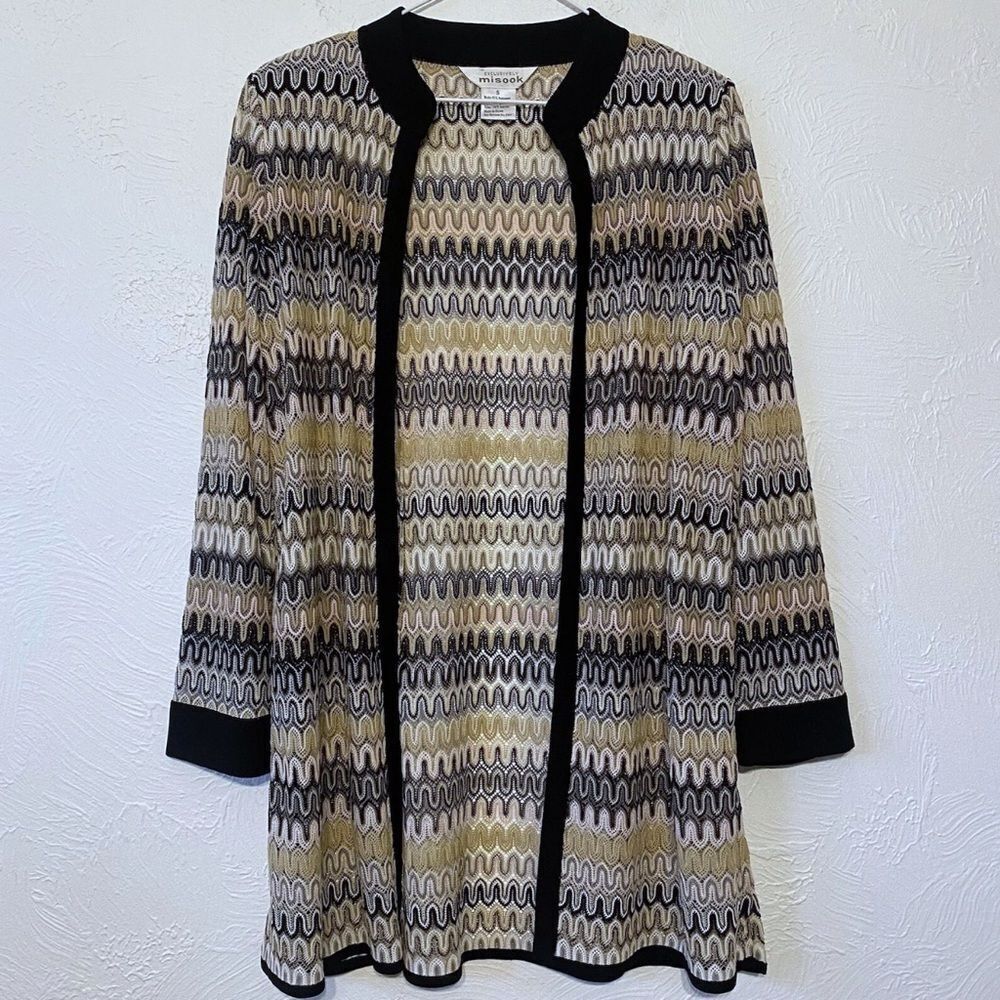 MISOOK Long Open Front Cardigan Sweater Small  Metallic Multicolored Print